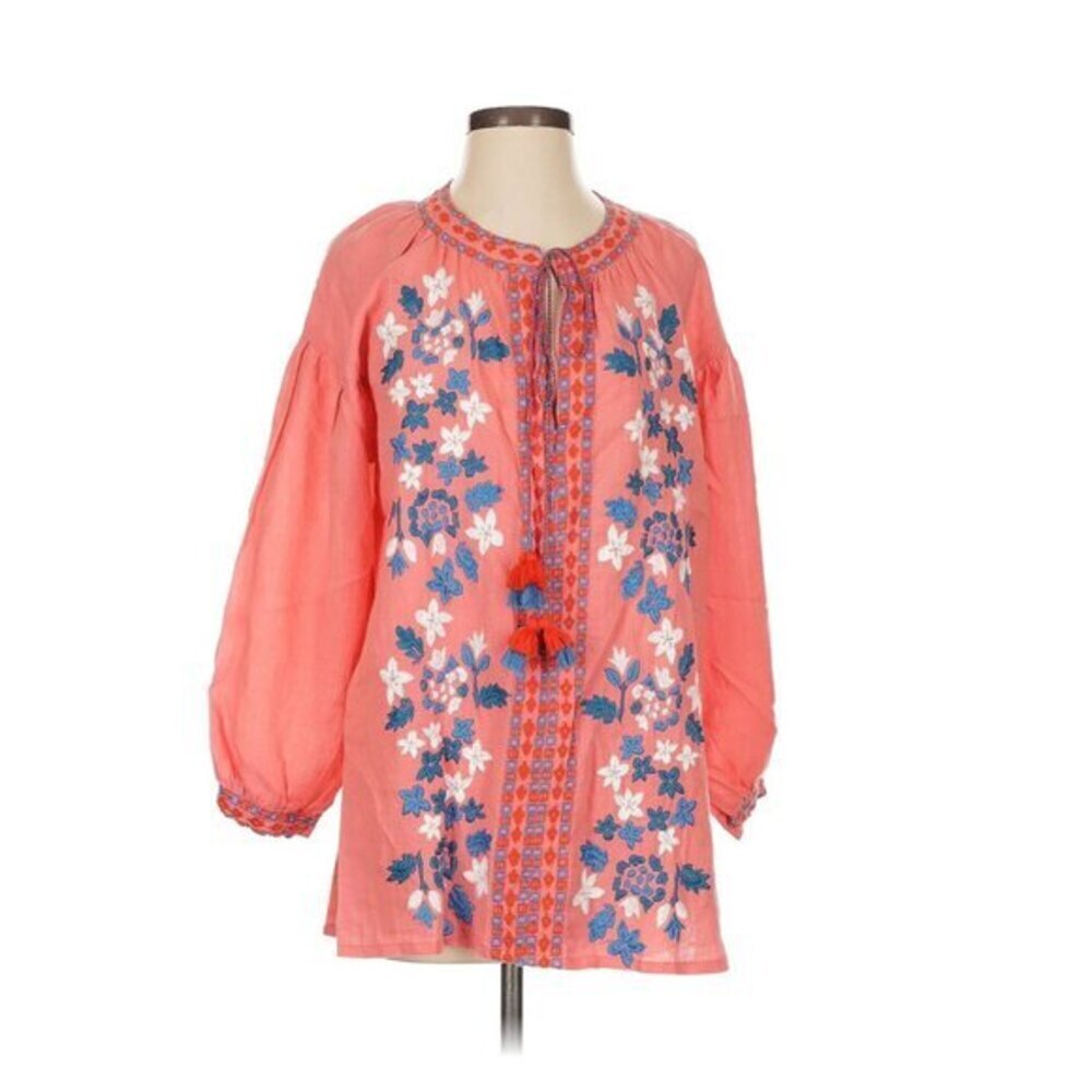 Ro's Garden Pink Embroidered Floral Boho Neck Tie Shirt Size S 3/4 sleeve blouse